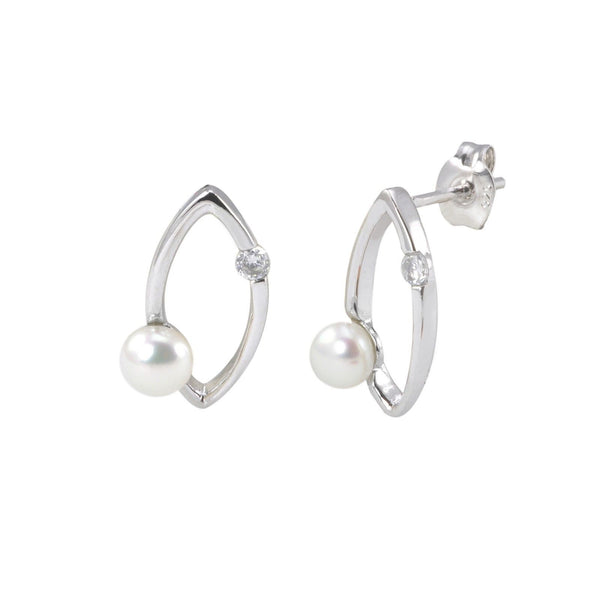 Pearl Earrings Pointed Oval Design Clear CZ .925 Sterling Silver - Jewelryland.com