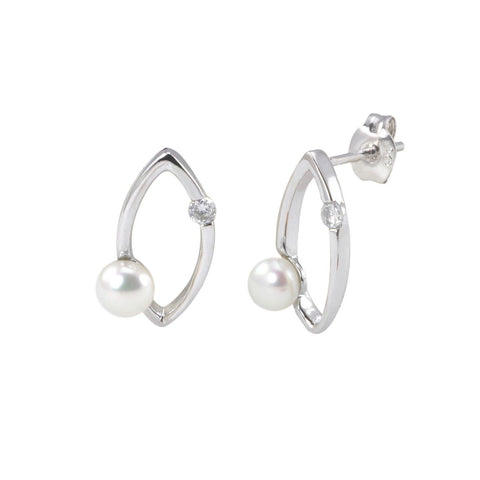 Pearl Earrings Pointed Oval Design Clear CZ .925 Sterling Silver - Jewelryland.com