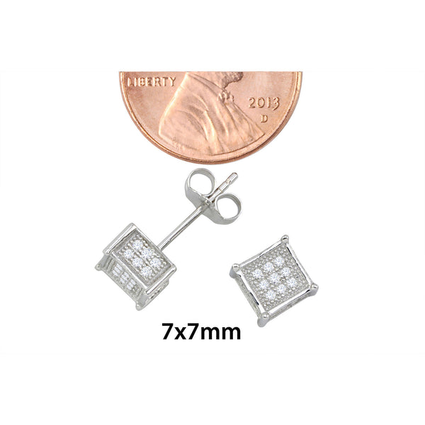 Sterling Silver Micropave Stud Earrings Clear Square 3d Sidestones 7mm x 7mm - Jewelryland.com