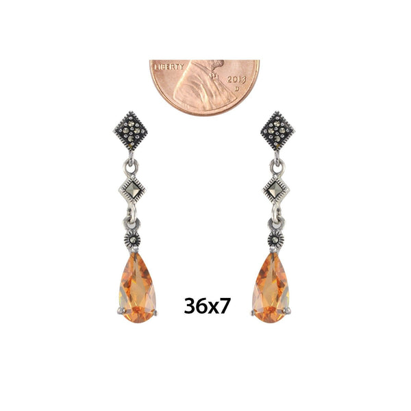 Sterling Silver Dangle Marcasite Earrings Champagne CZ Cubic Zirconia Teardrop - Jewelryland.com