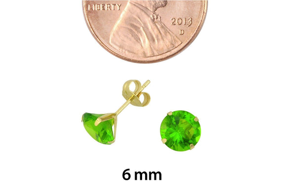 14k Yellow Gold Peridot Green Cubic Zirconia Stud Earrings Round Birthstone CZ - Jewelryland.com