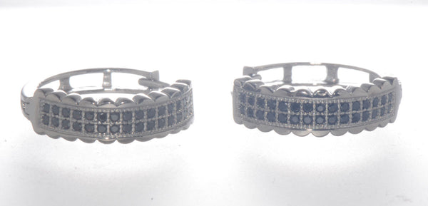 Sterling Silver Micropave Black CZ Huggie Hoop Earrings 17mm x 5mm - Jewelryland.com