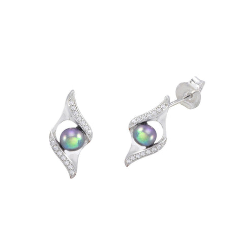 Elegant Black Pearl Stud Earrings with 2 Row Frame White CZ .925 Sterling Silver - Jewelryland.com