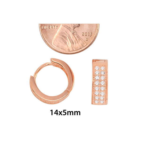 Sterling Silver Huggie Hoop Earrings Rose Gold Plated 2 Row CZ 14mm x 5mm - Jewelryland.com