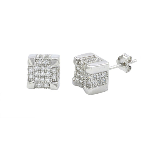 Sterling Silver Micropave Square Stud Earrings Clear Deep 3d Stones 8mm x 8mm - Jewelryland.com
