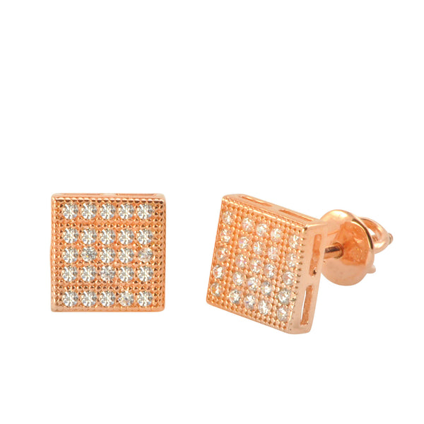Sterling Silver Screw Back Earrings Rose Gold Plated Pave CZ Studs 7mm Square - Jewelryland.com