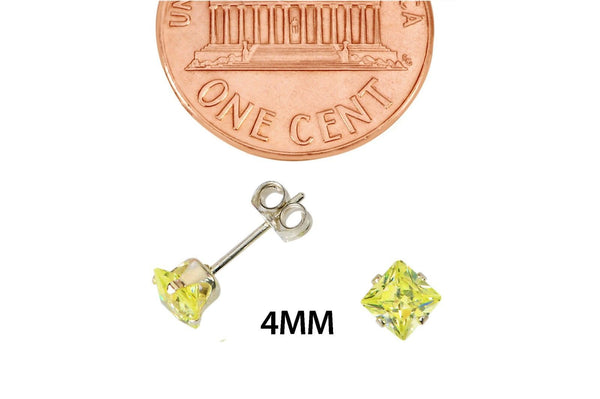 Square Peridot Cubic Zirconia Stud Earrings August Birthstone .925 Silver Prong - Jewelryland.com