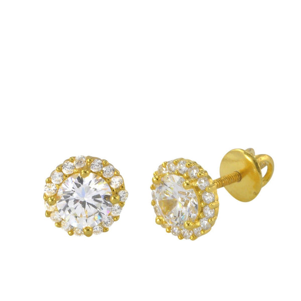 Sterling Silver Yellow Gold Screwback Earrings 7mm Super Bright White CZ Round - Jewelryland.com
