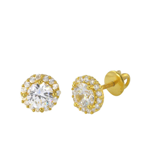 Sterling Silver Yellow Gold Screwback Earrings 7mm Super Bright White CZ Round - Jewelryland.com
