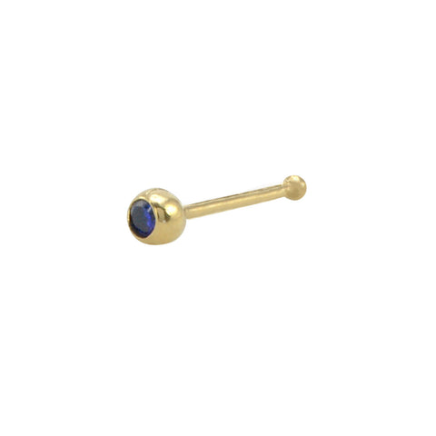 Nose Stud 22G 14k Yellow Gold 2.5 mm Sapphire Blue Round CZ Bezel Set Nose Bone - Jewelryland.com