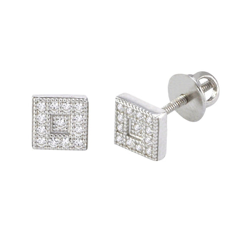 Mens Womens Screw Back Stud Earrings Sterling Silver 5mm CZ Square Center Inset - Jewelryland.com