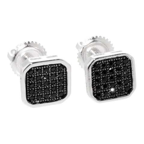 Sterling Silver Stud Earrings Cubic Zirconia Screwback 8mm Black Rounded Square - Jewelryland.com
