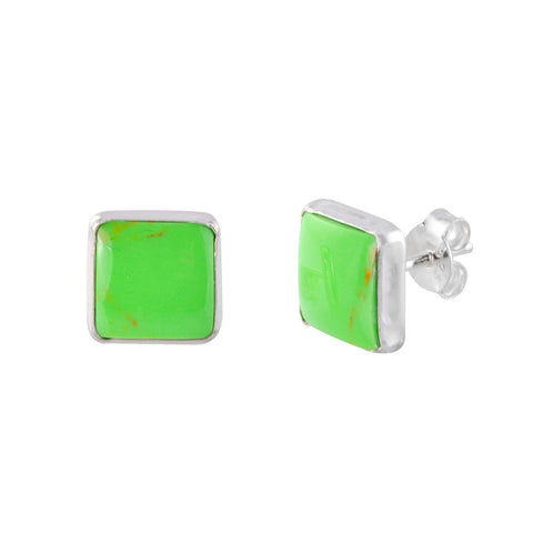Sterling Silver Gemstone Earrings Green Gaspeite 9mm Square Handmade Studs - Jewelryland.com