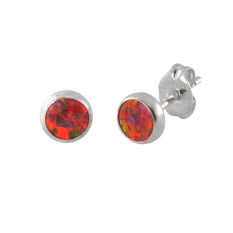 Womens Opal Earrings Round Iridescent Orange Sterling Silver Studs 6mm - Jewelryland.com