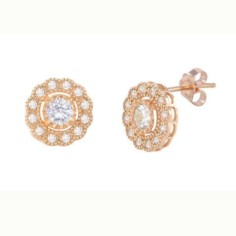 Flower Petal Stud Earrings Rose Gold Plated Pave White CZ Cubic Zirconia 10mm - Jewelryland.com