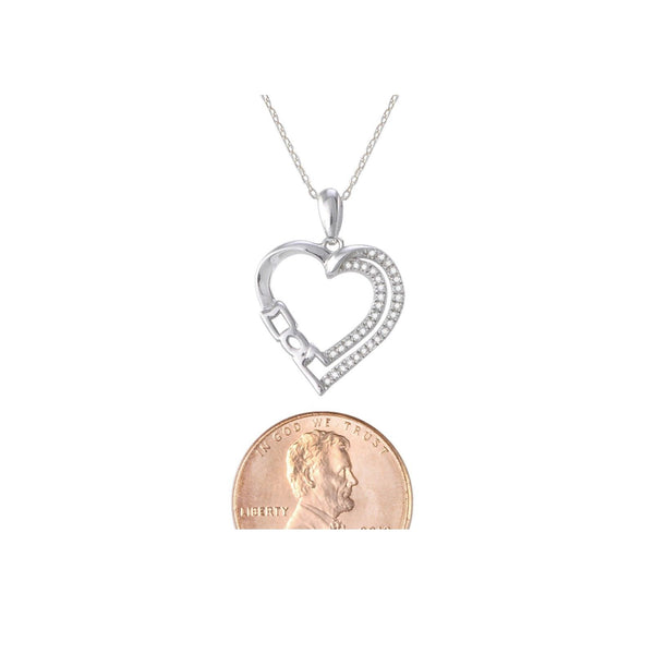 Sterling Silver Diamond Heart Mom Necklace Double Row Pave Outline .15ct - Jewelryland.com