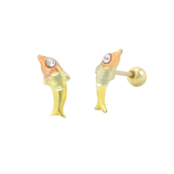 10k Tri Color Gold Mini Dolphin Stud Earrings Screwbacks White CZ Cubic Zirconia - Jewelryland.com