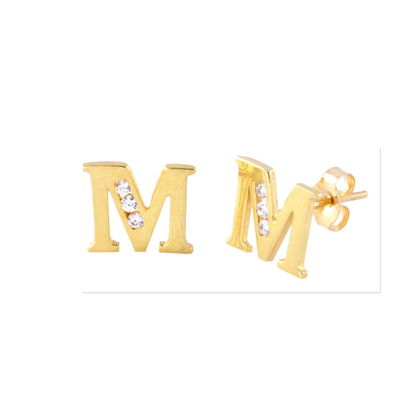 10k Yellow Gold Letter M Initial Stud Earrings Cubic Zirconia 7mm - Jewelryland.com