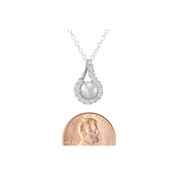White Freshwater Pearl Sterling Silver Necklace w/ Fancy CZ Surround, 18" Chain - Jewelryland.com