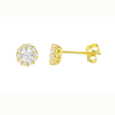 Fancy Stud Earrings Yellow Gold Plated Pave White CZ Cubic Zirconia 6mm Circle - Jewelryland.com