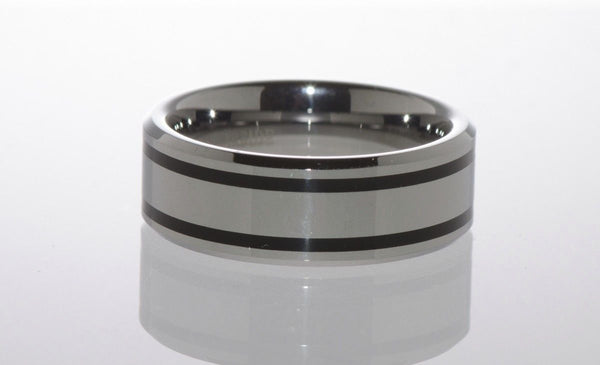 Mens Tungsten Ring 8mm Wide Band Double Black Line - Jewelryland.com