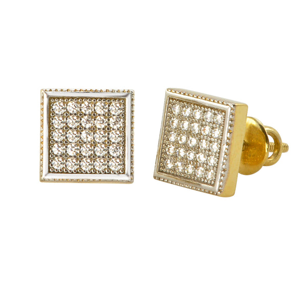 Sterling Silver Screw Back Earrings Pave Yellow Gold Plated CZ Studs 8mm Square - Jewelryland.com