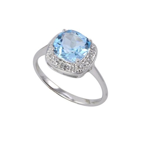 Sterling Silver .01 TCW Genuine Diamond Ring with Square Blue Topaz Center Stone - Jewelryland.com