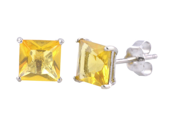 Citrine CZ November Birthstone Stud Earrings .925 Sterling Silver Square Basket - Jewelryland.com