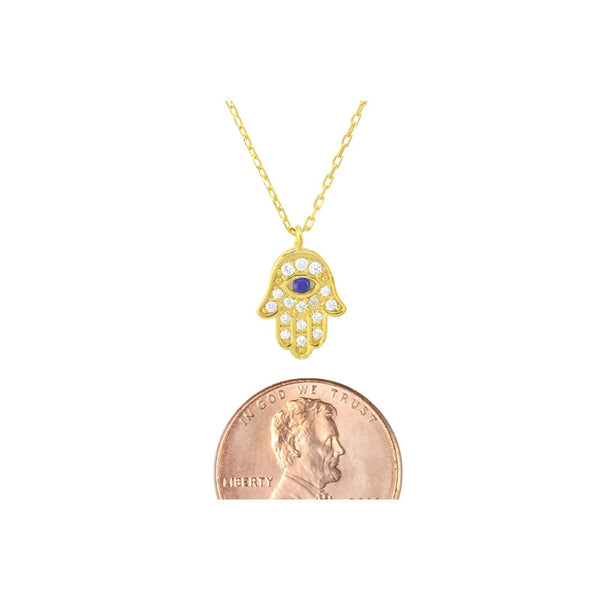 Hamsa Necklace Sterling Silver Yellow Gold Hand of God- Evil Eye, 17" Chain - Jewelryland.com