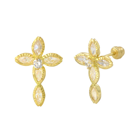 CZ Cross Stud Earrings 10k Yellow Gold with Screwbacks 15x10 - Jewelryland.com