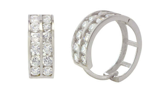 14k White Gold Huggie Hoop Earrings Two Row Cubic Zirconia 13mm x 5mm - Jewelryland.com