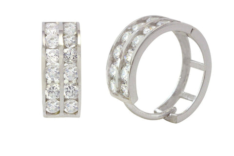 14k White Gold Huggie Hoop Earrings Two Row Cubic Zirconia 13mm x 5mm - Jewelryland.com