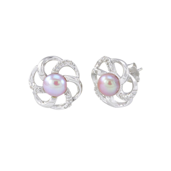 Pink Pearl Flower Earrings 6 Petal with White CZ .925 Sterling Silver - 13mm - Jewelryland.com
