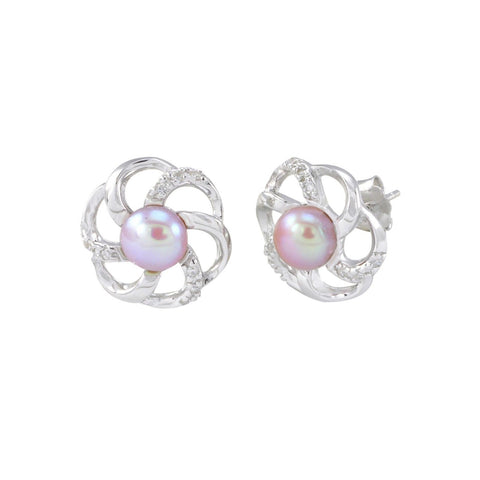 Pink Pearl Flower Earrings 6 Petal with White CZ .925 Sterling Silver - 13mm - Jewelryland.com