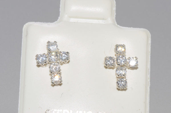 Cross Earrings Cubic Zirconia Sterling Silver Studs Micro Pave Cute 9mm - Jewelryland.com