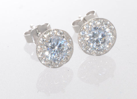 Halo Cubic Zirconia Stud Earrings Sterling Silver 8mm Fancy Micropave Outline - Jewelryland.com