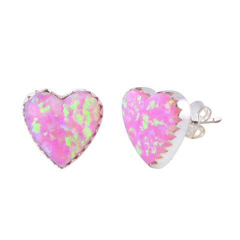 Sterling Silver Pink Opal Gemstone Earrings Iridescent 11mm Heart - Jewelryland.com