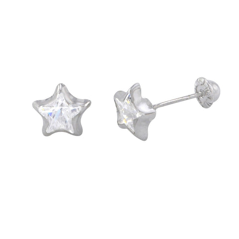 10k White Gold Star Stud Earrings Screwbacks - 5mm Heavy Thick Bezel Setting - Jewelryland.com