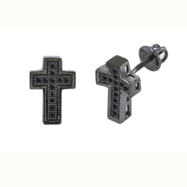 Cross Screwback Earrings Sterling Silver Pave Black CZ Cubic Zirconia 11mm - Jewelryland.com