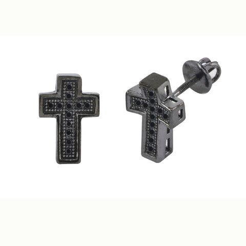 Cross Screwback Earrings Sterling Silver Pave Black CZ Cubic Zirconia 11mm - Jewelryland.com