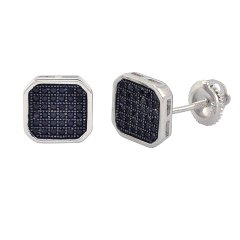 Micropave Screwback Earrings Sterling Silver Black CZ Zirconia 9mm Square Shaped - Jewelryland.com
