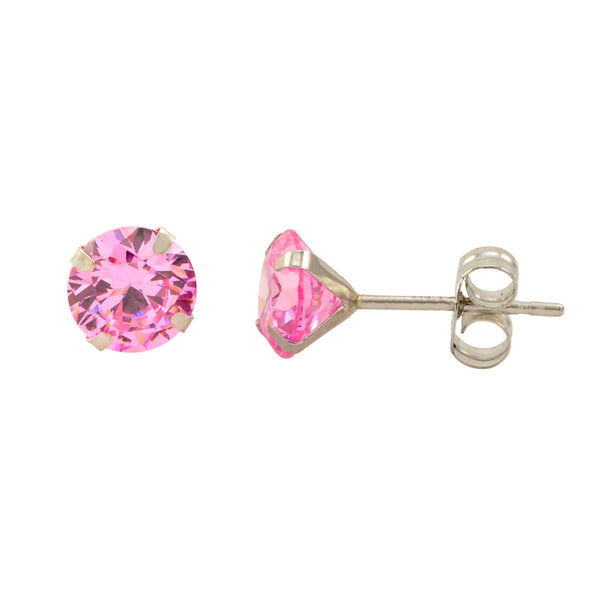 14k White Gold Pink CZ Earrings Round Cubic Zirconia October Birthstone Studs - Jewelryland.com