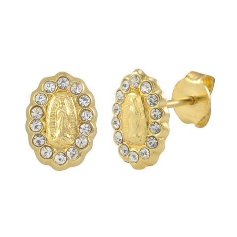 10k Yellow Gold Virgin Guadalupe CZ Medallion Stud Earrings Cubic Zirconia 8 x 6 - Jewelryland.com