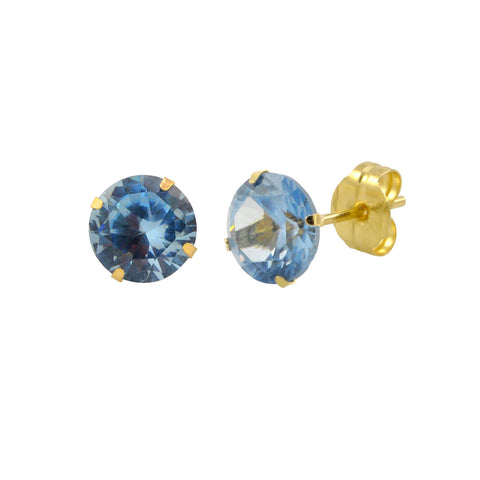 14k Yellow Gold Blue Aqua Cubic Zirconia Stud Earrings Round Birthstone CZ - Jewelryland.com