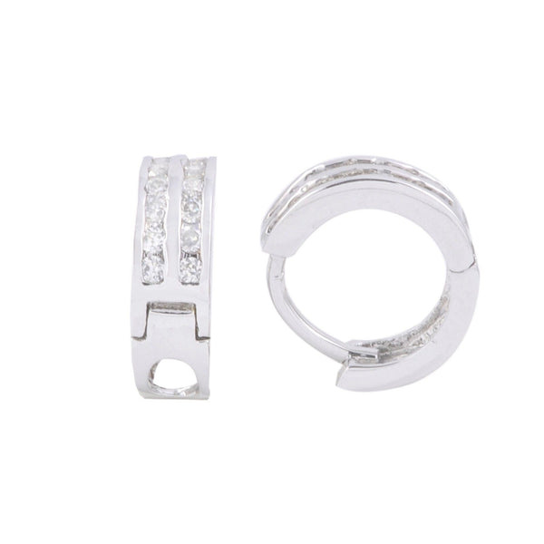 CZ Huggie Earrings Hoops 925 Sterling Silver 12mm 2 Row Clear Cubic Zirconia - Jewelryland.com