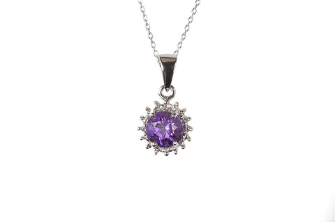 Sterling Silver Diamond and 6mm Round Amethyst Gemstone Pendant Necklace - Jewelryland.com
