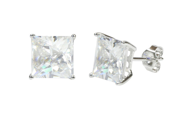 Sterling Silver Square Cubic Zirconia Stud Earrings AAA Clear CZ Basket Setting - Jewelryland.com