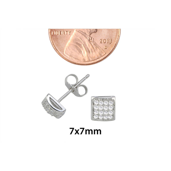 Sterling Silver Micropave Stud Earrings Puffy Square White CZ Cubic Zirconia 7mm - Jewelryland.com