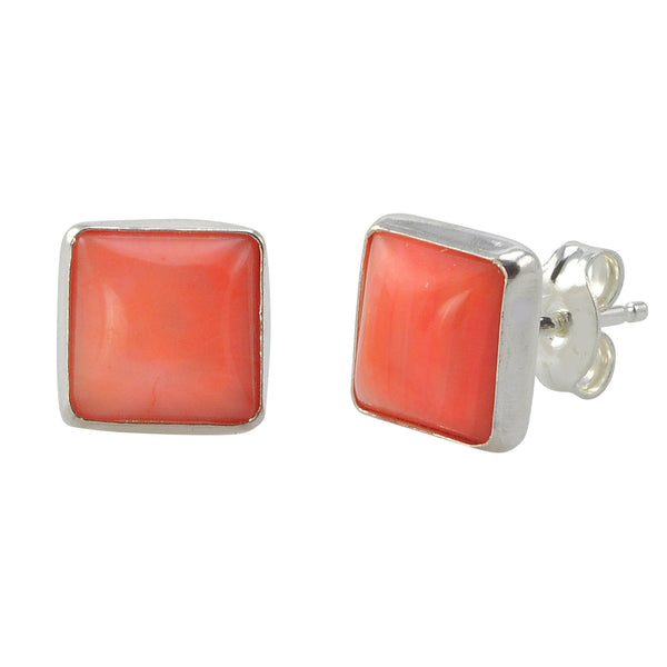 925 Sterling Silver Gemstone Earrings Pink Coral 9mm Square Studs - Jewelryland.com