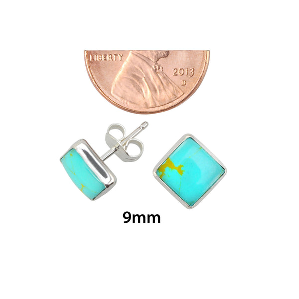Sterling Silver Gemstone Earrings Turquoise 9mm Square Handmade Studs - Jewelryland.com